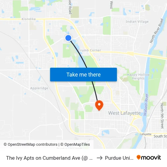 The Ivy Apts on Cumberland Ave (@ Shelter): Bus686 to Purdue University map