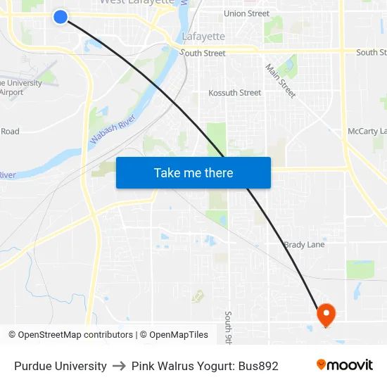 Purdue University to Pink Walrus Yogurt: Bus892 map