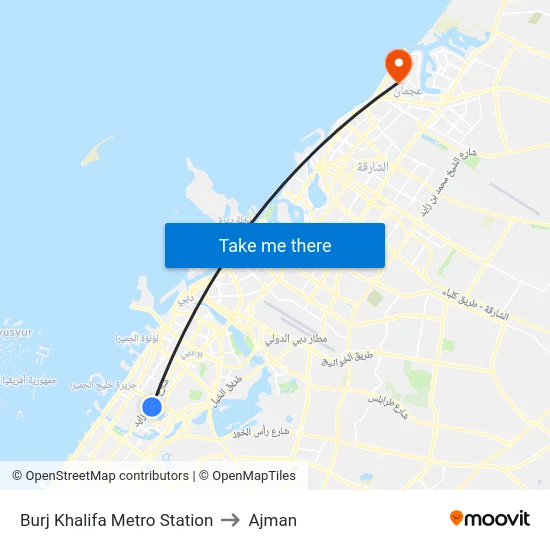 Burj Khalifa Metro Station to Ajman map