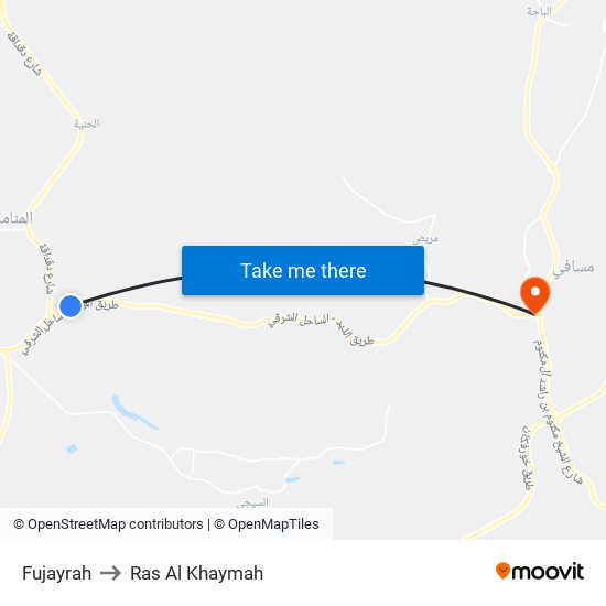 Fujayrah to Ras Al Khaymah map