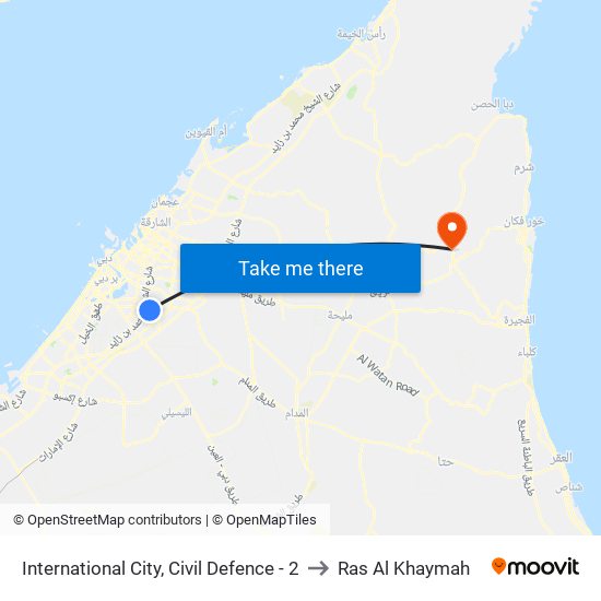International City, Civil Defence - 2 to Ras Al Khaymah map