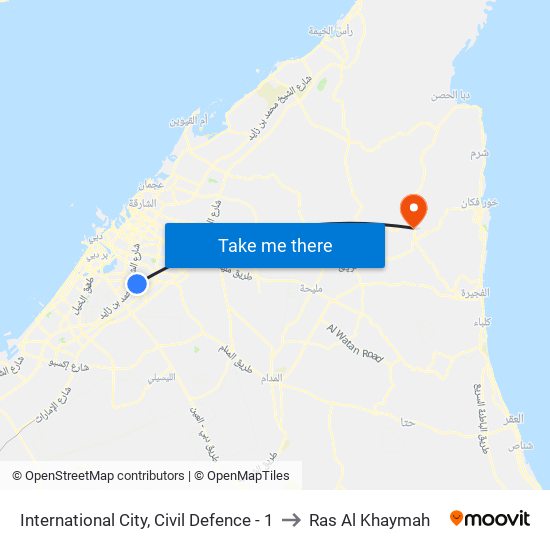 International City, Civil Defence - 1 to Ras Al Khaymah map