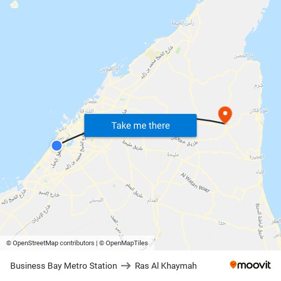 Business Bay Metro Station to Ras Al Khaymah map