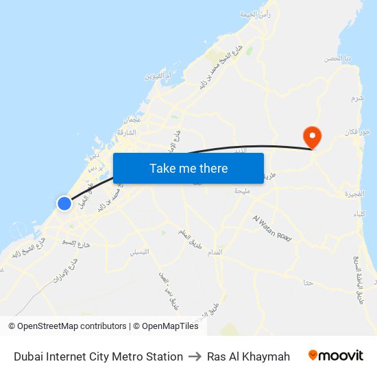 Dubai Internet City Metro Station to Ras Al Khaymah map