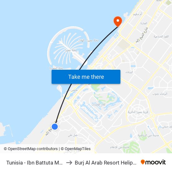 Tunisia - Ibn Battuta Mall to Burj Al Arab Resort Helipad map