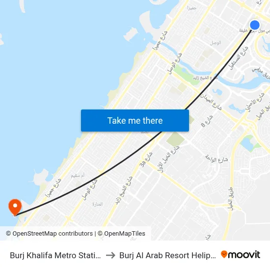 Burj Khalifa Metro Station to Burj Al Arab Resort Helipad map