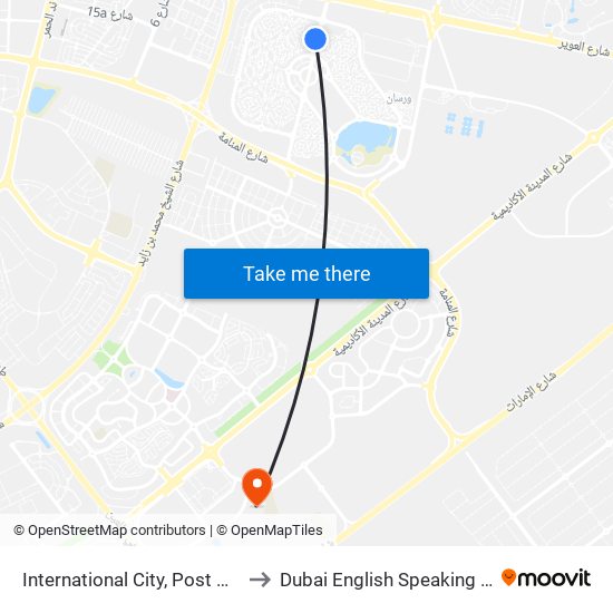 International City, Post Office - 1 to Dubai English Speaking College map