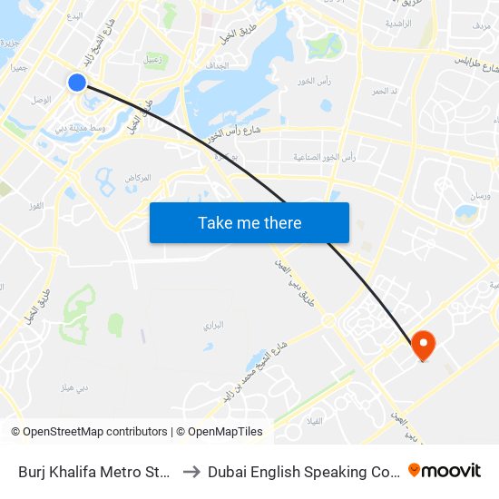 Burj Khalifa Metro Station to Dubai English Speaking College map