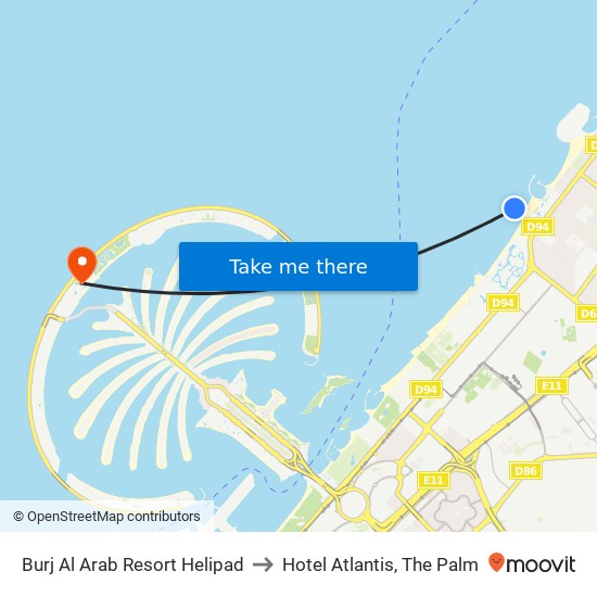 Burj Al Arab Resort Helipad to Hotel Atlantis, The Palm map
