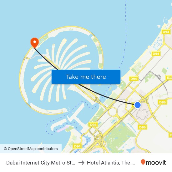 Dubai Internet City Metro Station to Hotel Atlantis, The Palm map