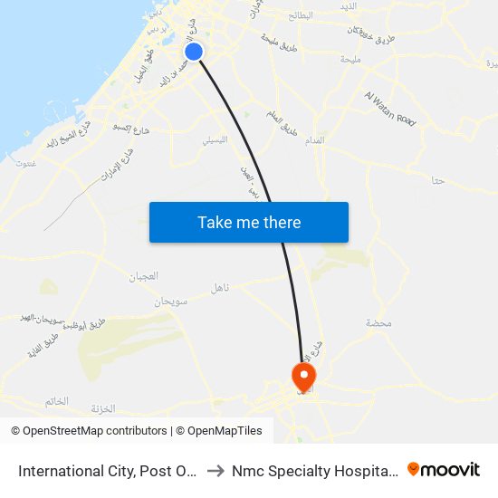 International City, Post Office - 1 to Nmc Specialty Hospital Al Ain map