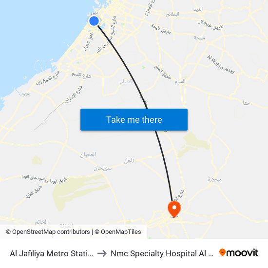 Al Jafiliya Metro Station to Nmc Specialty Hospital Al Ain map