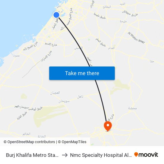 Burj Khalifa Metro Station to Nmc Specialty Hospital Al Ain map