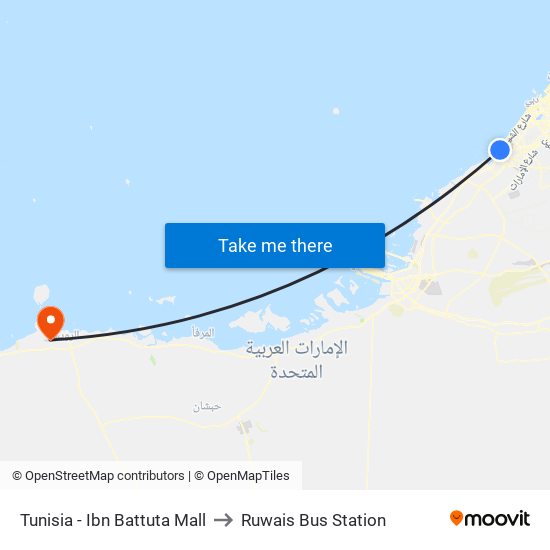 Tunisia - Ibn Battuta Mall to Ruwais Bus Station map