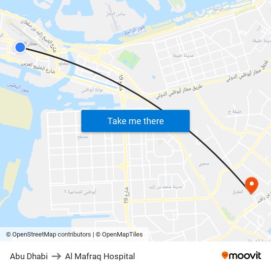 Abu Dhabi to Al Mafraq Hospital map