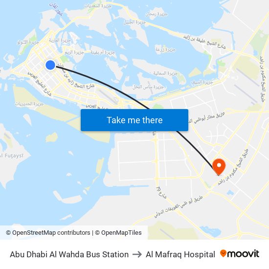 Abu Dhabi Al Wahda Bus Station to Al Mafraq Hospital map