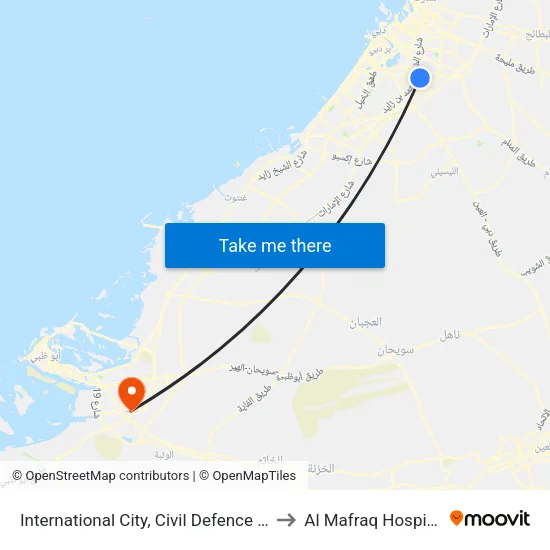 International City, Civil Defence - 1 to Al Mafraq Hospital map