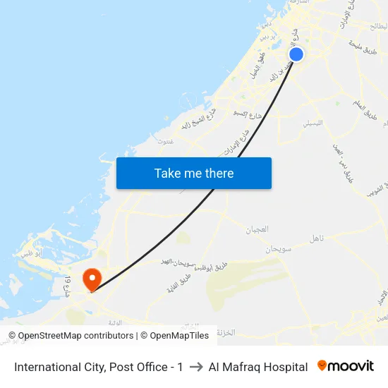 International City, Post Office - 1 to Al Mafraq Hospital map