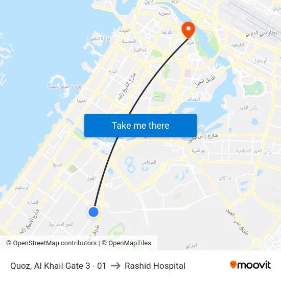 Quoz, Al Khail Gate 3 - 01 to Rashid Hospital map