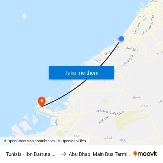 Tunisia - Ibn Battuta Mall to Abu Dhabi Main Bus Terminal map
