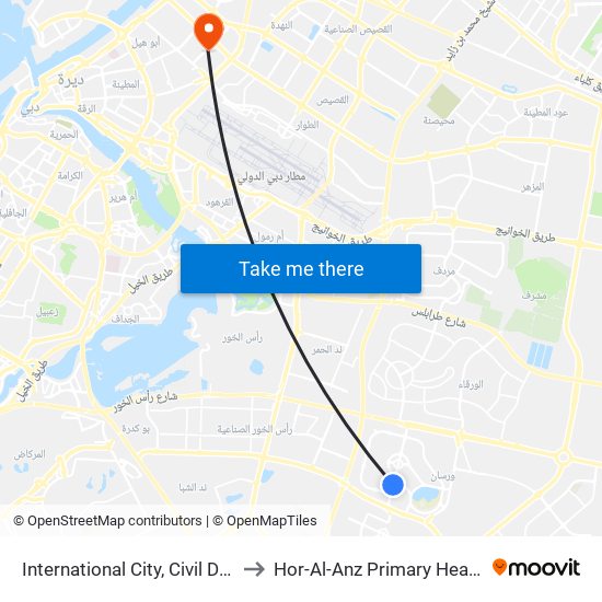 International City, Civil Defence - 2 to Hor-Al-Anz Primary Health Centre map