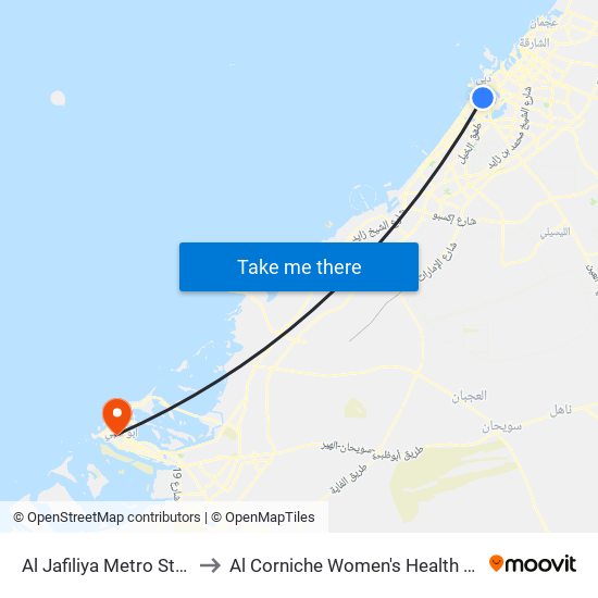 Al Jafiliya Metro Station to Al Corniche Women's Health Center map