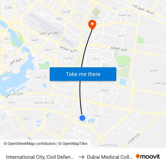 International City, Civil Defence - 1 to Dubai Medical College map