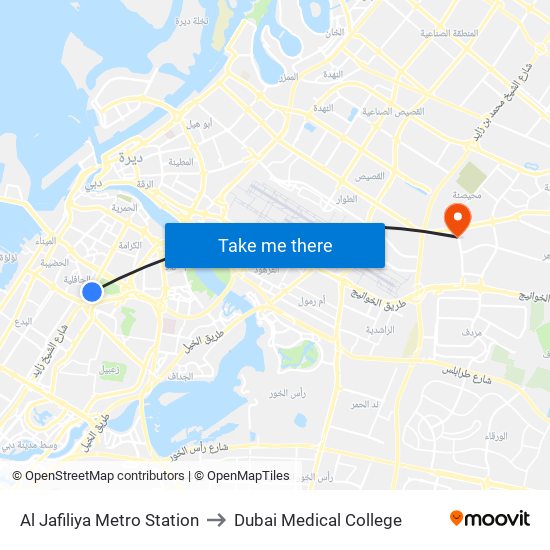 Al Jafiliya Metro Station to Dubai Medical College map