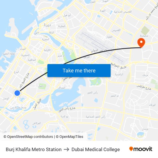 Burj Khalifa Metro Station to Dubai Medical College map