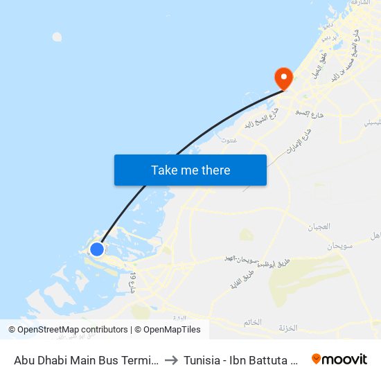 Abu Dhabi Main Bus Terminal to Tunisia - Ibn Battuta Mall map