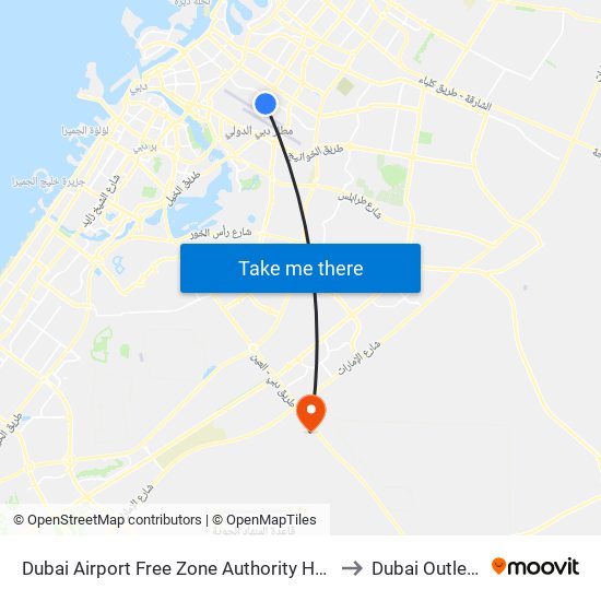 Dubai Airport Free Zone Authority Headquarters to Dubai Outlet Mall map