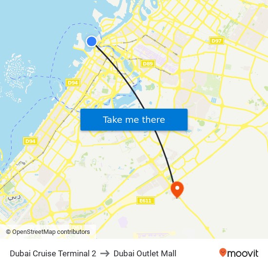 Dubai Cruise Terminal 2 to Dubai Outlet Mall map