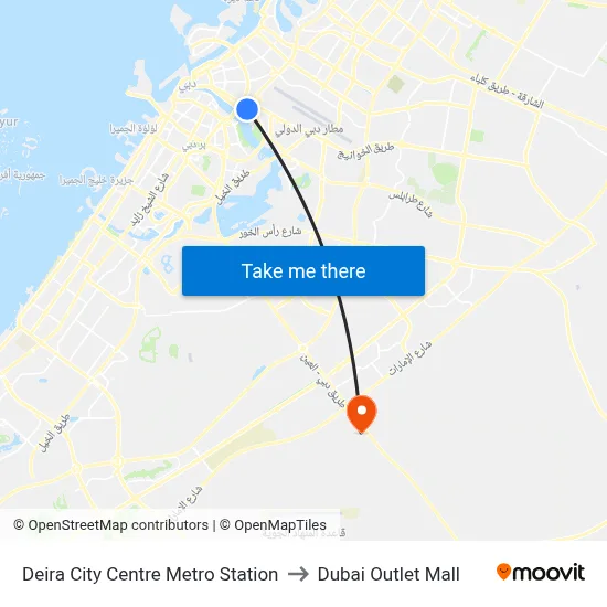 Deira City Centre Metro Station to Dubai Outlet Mall map