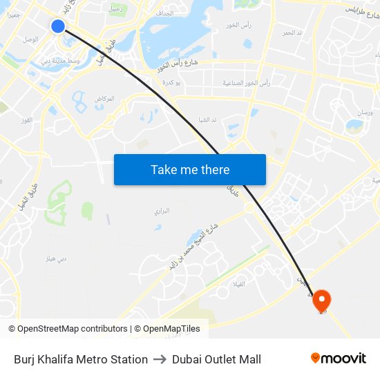 Burj Khalifa Metro Station to Dubai Outlet Mall map