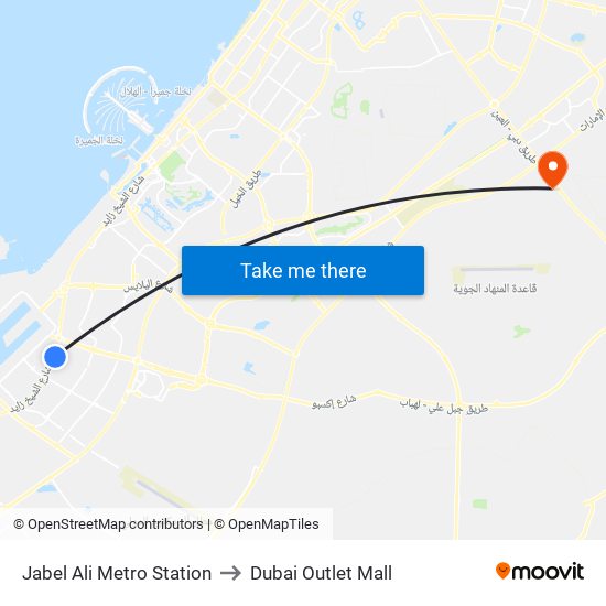 Jabel Ali Metro Station to Dubai Outlet Mall map