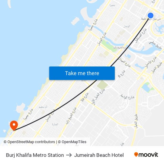 Burj Khalifa Metro Station to Jumeirah Beach Hotel map