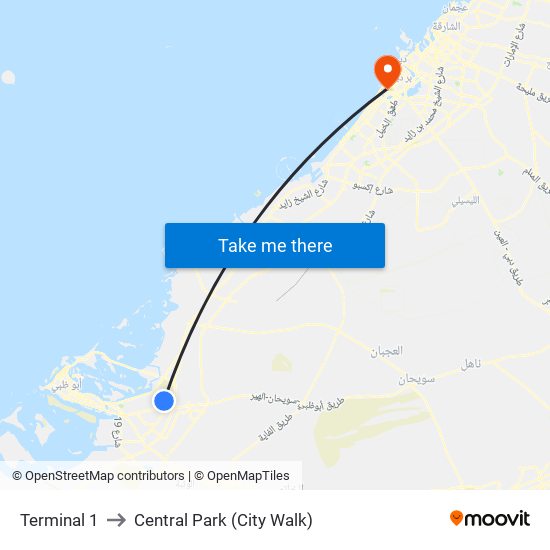 Terminal 1 to Central Park (City Walk) map