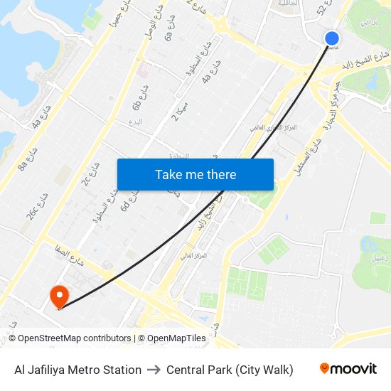 Al Jafiliya Metro Station to Central Park (City Walk) map