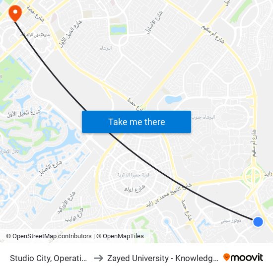 Studio City, Operation Office - 01 to Zayed University - Knowledge Village Campus map