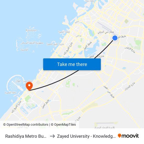 Rashidiya Metro Bus Parking - 01 to Zayed University - Knowledge Village Campus map