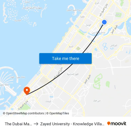 The Dubai Mall - 01 to Zayed University - Knowledge Village Campus map