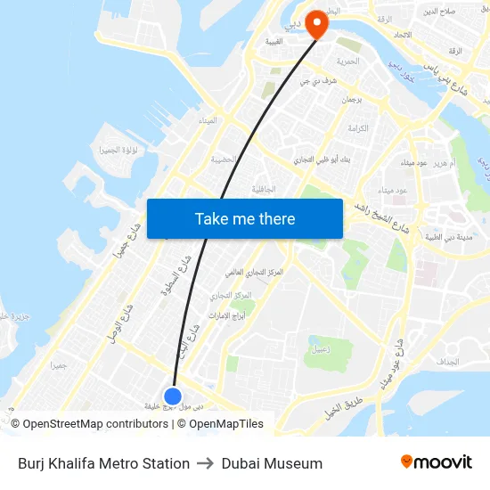 Burj Khalifa Metro Station to Dubai Museum map