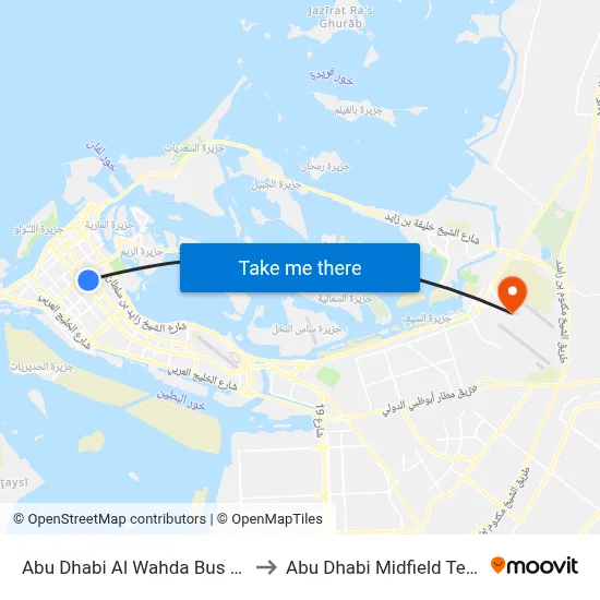 Abu Dhabi Al Wahda Bus Station to Abu Dhabi Midfield Terminal map