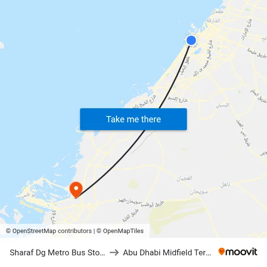 Sharaf DG Metro Bus Stop 1-1 to Abu Dhabi Midfield Terminal map