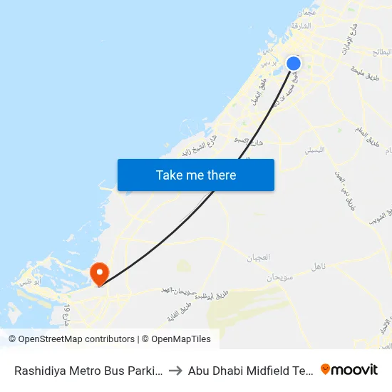 Rashidiya Metro Bus Parking - 01 to Abu Dhabi Midfield Terminal map