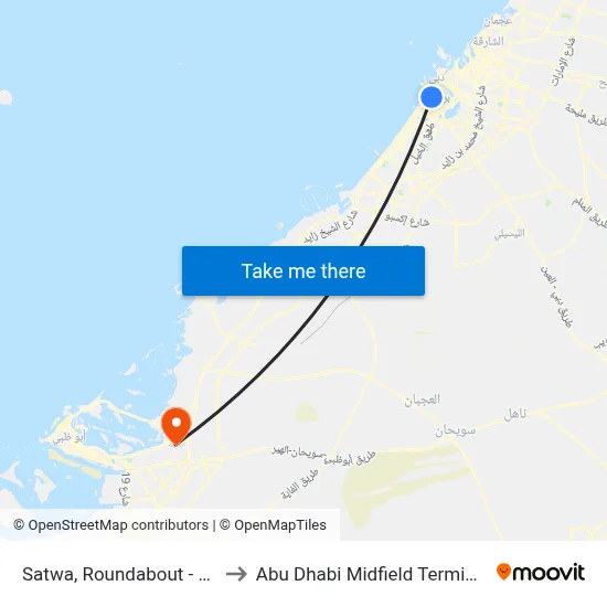 Satwa, Roundabout - 02 to Abu Dhabi Midfield Terminal map