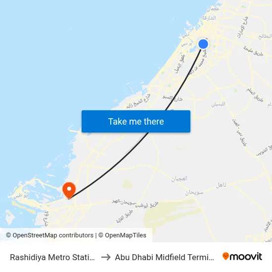 Rashidiya Metro Station to Abu Dhabi Midfield Terminal map