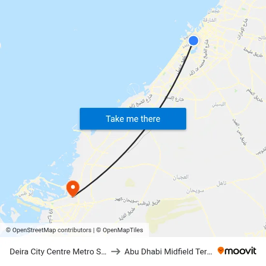 Deira City Centre Metro Station to Abu Dhabi Midfield Terminal map