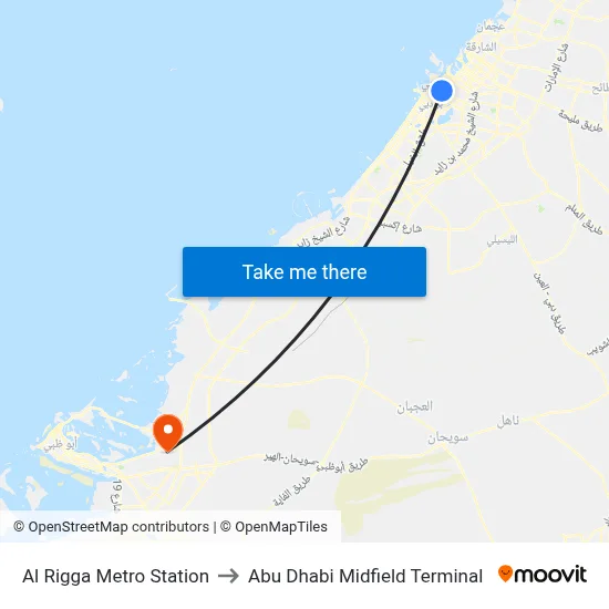 Al Rigga Metro Station to Abu Dhabi Midfield Terminal map