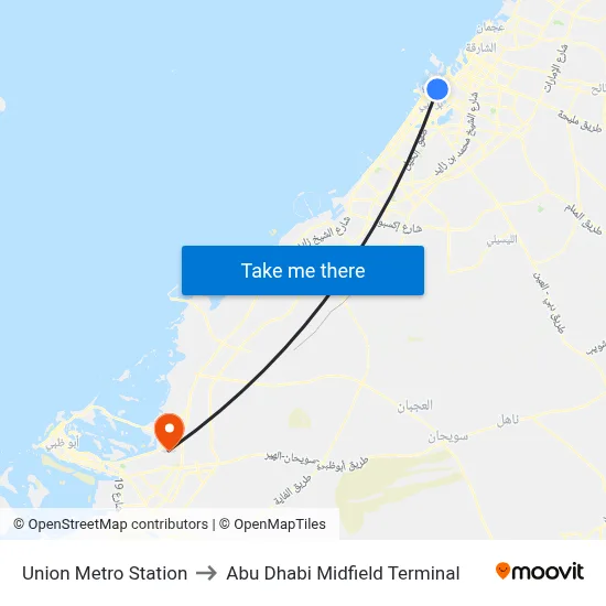 Union Metro Station to Abu Dhabi Midfield Terminal map
